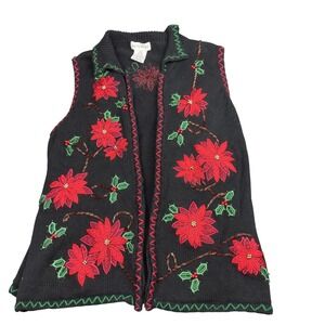White Stag Sweater Vest Womens Large Black Poinsettia Floral Holiday Christmas